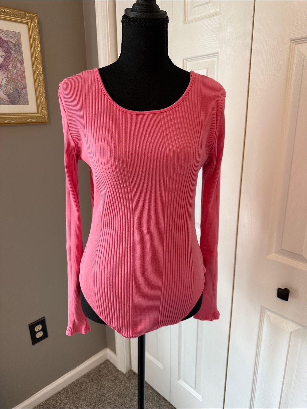 aerie Ribbed Long-Sleeve Scoop Neck Bodysuit - Pink